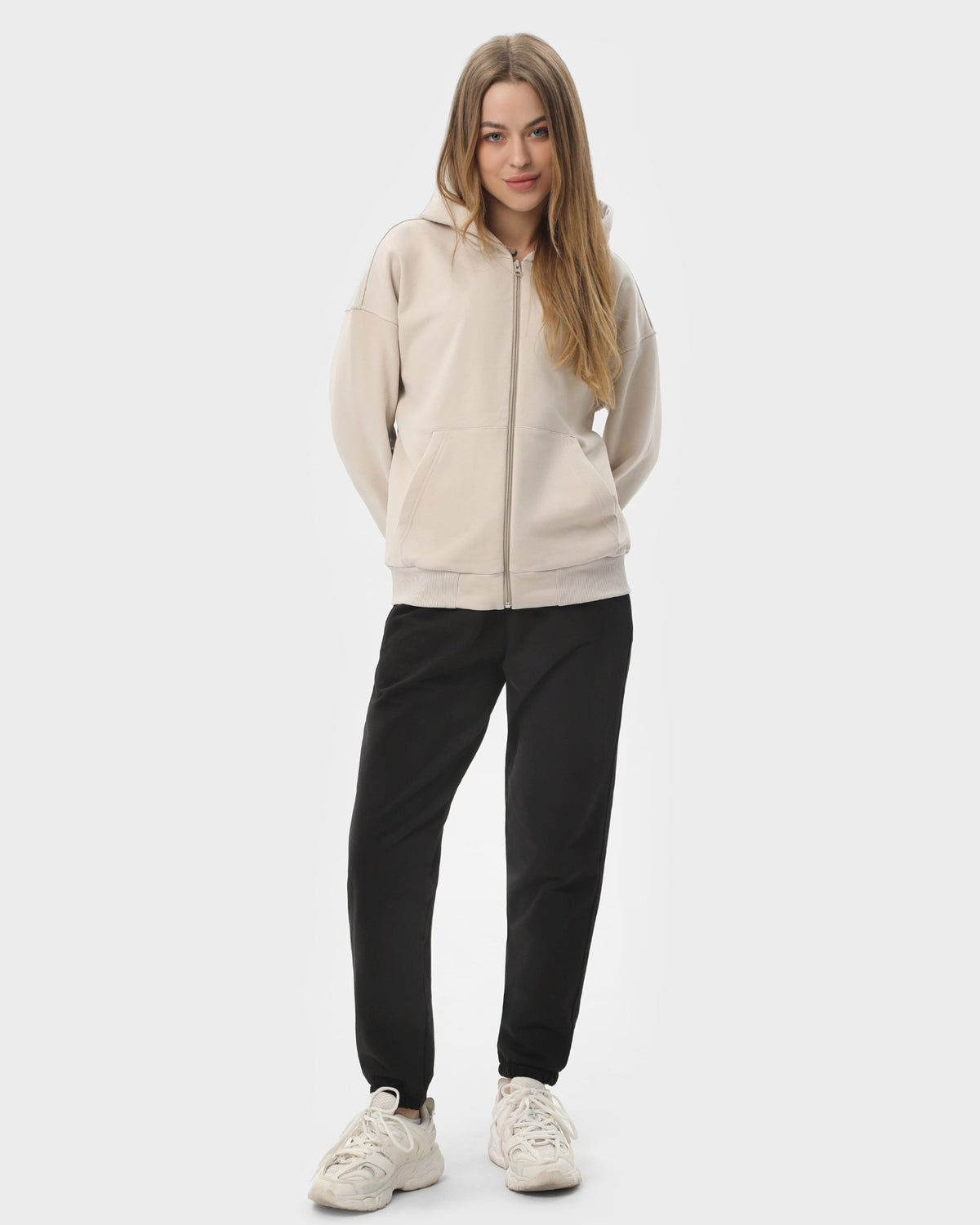 Костюм жіночий худі на блискавці та штани RAY PREMIUM LOOSE комбінований Бежевий/Чорний (U0809W-Cream-Black) — фото 1