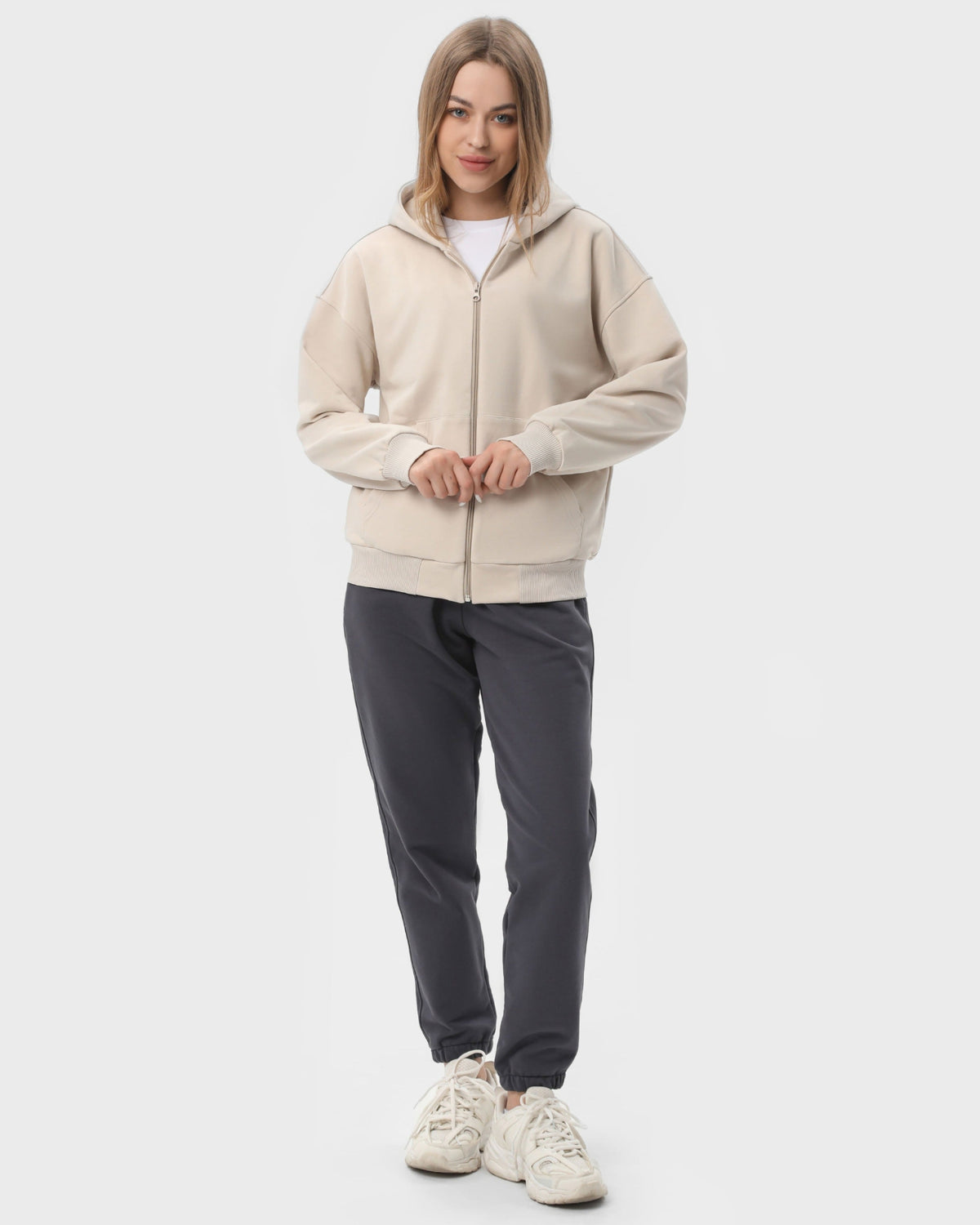Костюм жіночий худі на блискавці та штани RAY PREMIUM LOOSE комбінований Бежевий/Темно-сірий (U0809W-Cream-Dark Grey) — фото 1
