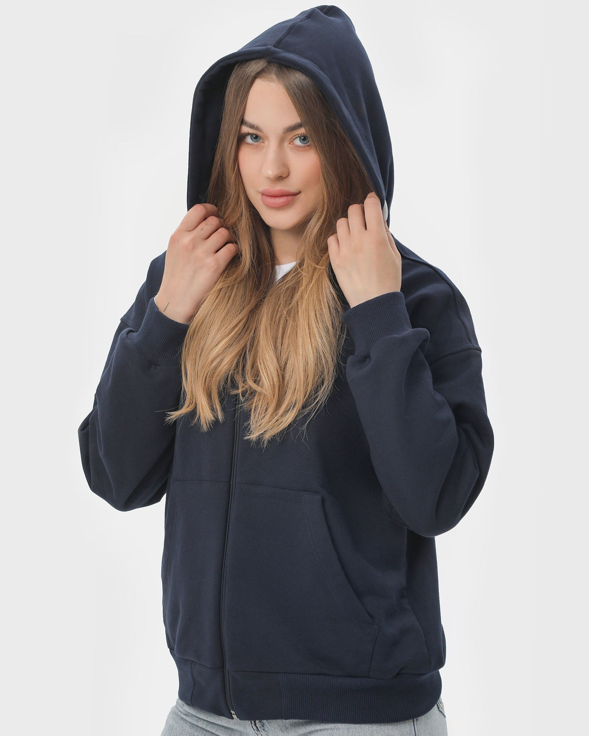 Худі на блискавці жіночече базове RAY PREMIUM LOOSE темно-синє (U0409W-Navy Blue) — фото 3
