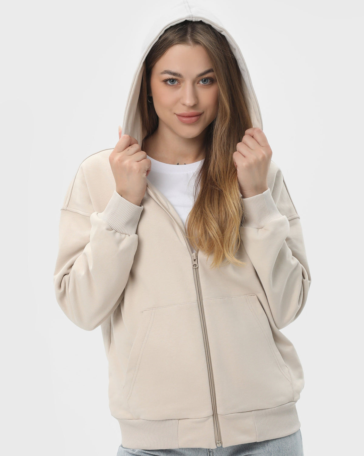Худі на блискавці жіноче базове RAY PREMIUM LOOSE бежеве (U0409W-Cream) — фото 3